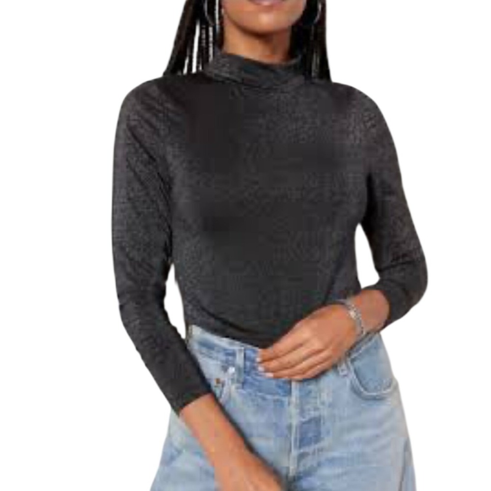 Evereve Metallic Mock Neck Long Sleeve Top Charcoal Gray Glitter Holiday Party S